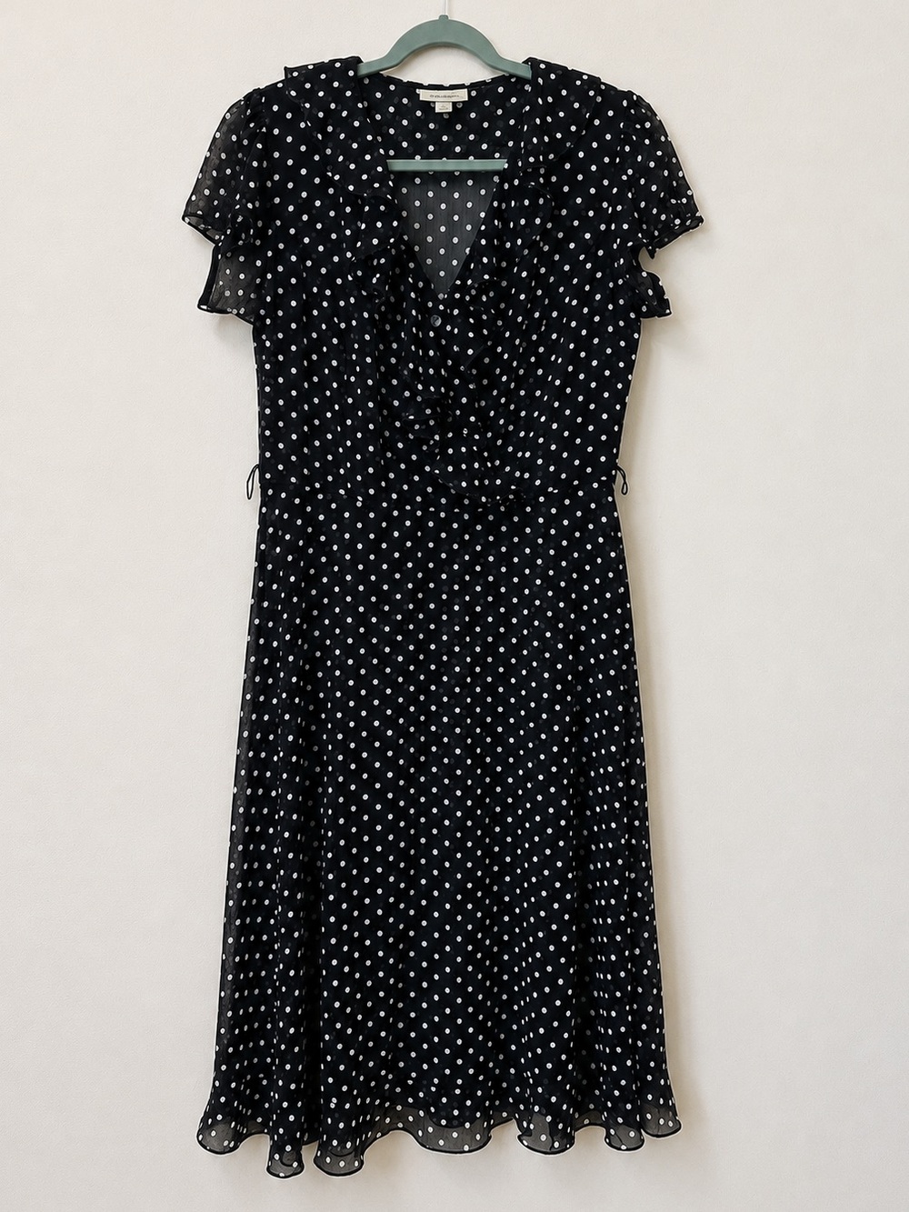 Dressbarn Polka Dot Sheer Dress 12 Black White Ruffle V-Neck Flutter Sleeve Midi